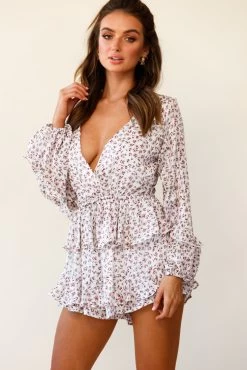Nebula Long Sleeve Layered Ruffle Romper Flower Print White -Fashion women's clothing 27084D01 WHITE 5