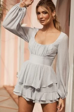 Wendy Ruched Bust Long Sleeve Ruffle Romper Grey
