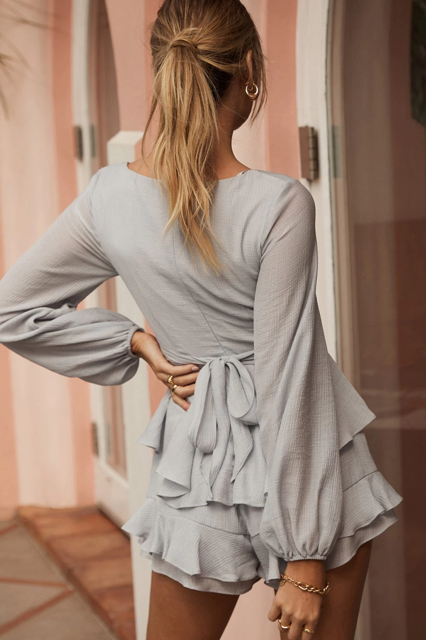 Wendy Ruched Bust Long Sleeve Ruffle Romper Grey 2 Wendy Ruched Bust Long Sleeve Ruffle Romper Grey - Image 2