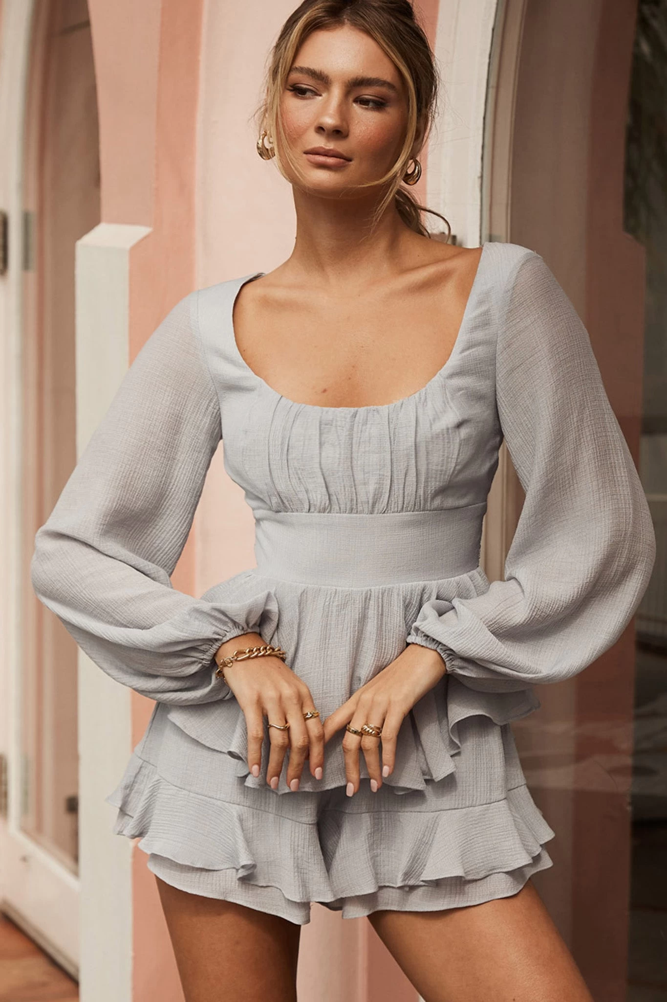 Wendy Ruched Bust Long Sleeve Ruffle Romper Grey 5 Wendy Ruched Bust Long Sleeve Ruffle Romper Grey - Image 5