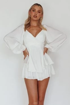It's Complicated Long Sleeve Flounce Romper White