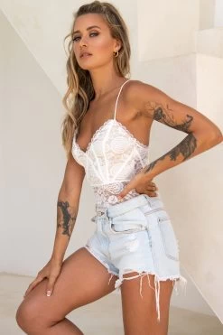 Forget Me Not Criss-Cross Back Lace Bodysuit White -Fashion women's clothing 27494B WHITE 4