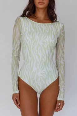 Juni Long Sleeve Low Back Mesh Bodysuit Tiger Lime -Fashion women's clothing 27550B 20LIME 4