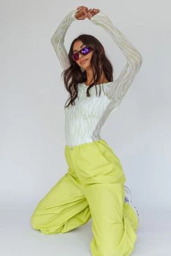 Juni Long Sleeve Low Back Mesh Bodysuit Tiger Lime -Fashion women's clothing 27550B 20LIME 7