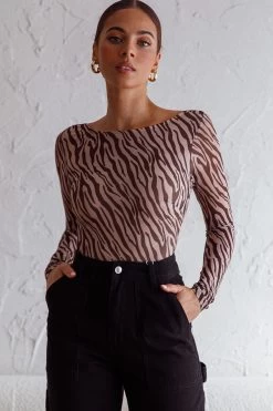 Juni Long Sleeve Low Back Mesh Bodysuit Tiger Print -Fashion women's clothing 27550B TIGER 5