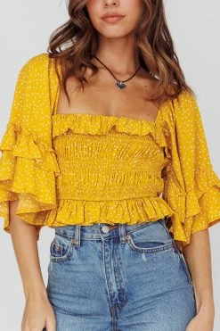 Boardwalk Bell Sleeve Crop Top Spotty Mustard -Fashion women's clothing 27583D 20MUSTARD 4