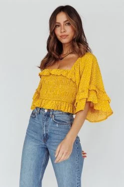Boardwalk Bell Sleeve Crop Top Spotty Mustard -Fashion women's clothing 27583D 20MUSTARD 5
