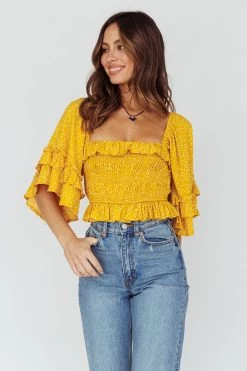 Boardwalk Bell Sleeve Crop Top Spotty Mustard -Fashion women's clothing 27583D 20MUSTARD 6