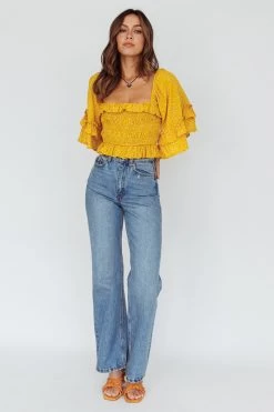 Boardwalk Bell Sleeve Crop Top Spotty Mustard -Fashion women's clothing 27583D 20MUSTARD 7