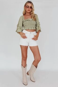 Boardwalk Bell Sleeve Crop Top Spotty Sage -Fashion women's clothing 27583D 20SAGE 2