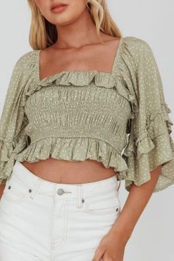 Boardwalk Bell Sleeve Crop Top Spotty Sage -Fashion women's clothing 27583D 20SAGE 4