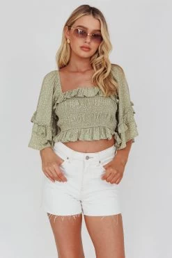 Boardwalk Bell Sleeve Crop Top Spotty Sage -Fashion women's clothing 27583D 20SAGE 5