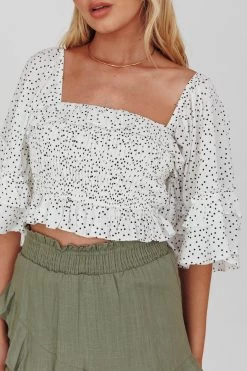 Boardwalk Bell Sleeve Crop Top Spotty White -Fashion women's clothing 27583D 20WHITE 4