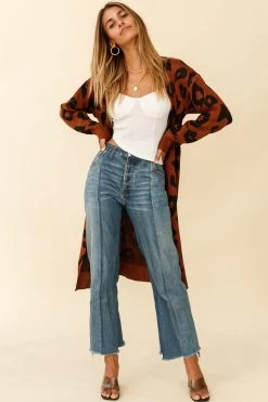 Switch It Up Longline Pocket Knit Cardigan Animal Print Brown -Fashion women's clothing 30014E BROWN 2