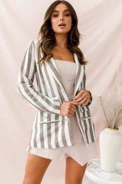 Hamptons Striped Notched Lapel Jacket Olive -Fashion women's clothing 62129b olive 4
