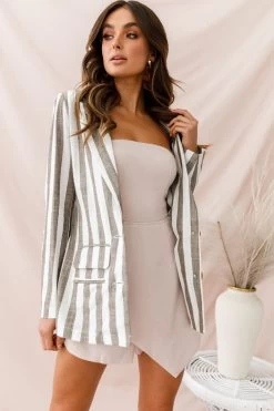 Hamptons Striped Notched Lapel Jacket Olive -Fashion women's clothing 62129b olive 5