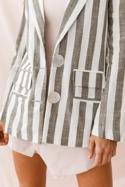 Hamptons Striped Notched Lapel Jacket Olive -Fashion women's clothing 62129b olive 6