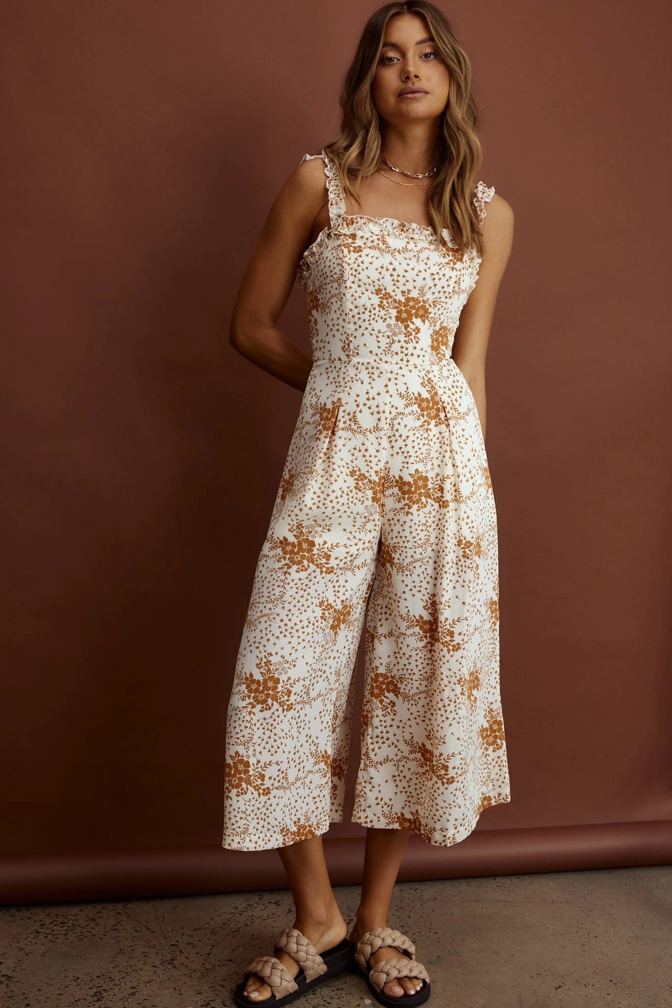 Magdalene Frill Strap Midi Jumpsuit Vintage Floral Tan 4 Magdalene Frill Strap Midi Jumpsuit Vintage Floral Tan - Image 4