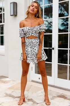 Linka Off-Shoulder Tie-Back Crop Top Dalmatian Print Black/White -Fashion women's clothing 62235BK17 BLACK WHITE 5