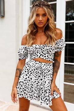 Linka Off-Shoulder Tie-Back Crop Top Dalmatian Print Black/White -Fashion women's clothing 62235BK17 BLACK WHITE 6