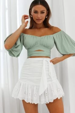 Linka Off-Shoulder Half Sleeve Tie-Back Crop Top Pistachio -Fashion women's clothing 62235BK21 PISTACHIO 7