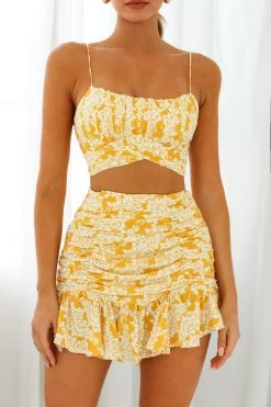 Linka Ruched Ruffle Skirt Leaf Print Yellow -Fashion women's clothing 62235BK29 S YELLOW 4