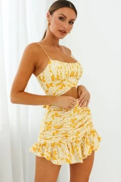 Linka Ruched Ruffle Skirt Leaf Print Yellow -Fashion women's clothing 62235BK29 S YELLOW 5