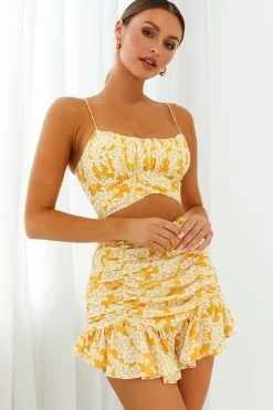 Linka Ruched Ruffle Skirt Leaf Print Yellow -Fashion women's clothing 62235BK29 S YELLOW 7