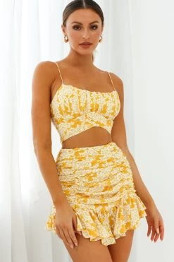 Linka Ruched Ruffle Skirt Leaf Print Yellow -Fashion women's clothing 62235BK29 S YELLOW 8