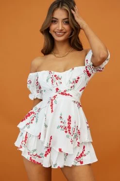 Linka Off-Shoulder Tie Back Romper Floral Spring Print White -Fashion women's clothing 62235BK71 WHITE 1