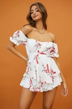 Linka Off-Shoulder Tie Back Romper Floral Spring Print White -Fashion women's clothing 62235BK71 WHITE 4