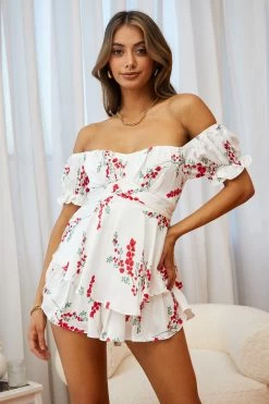 Linka Off-Shoulder Tie Back Romper Floral Spring Print White -Fashion women's clothing 62235BK71 WHITE 5