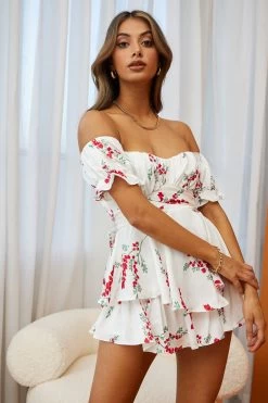 Linka Off-Shoulder Tie Back Romper Floral Spring Print White -Fashion women's clothing 62235BK71 WHITE 6