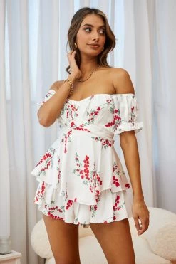 Linka Off-Shoulder Tie Back Romper Floral Spring Print White