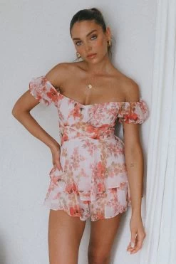 Linka Off-Shoulder Tie Back Romper Floral Pink -Fashion women's clothing 62235BK94 20PINK 5