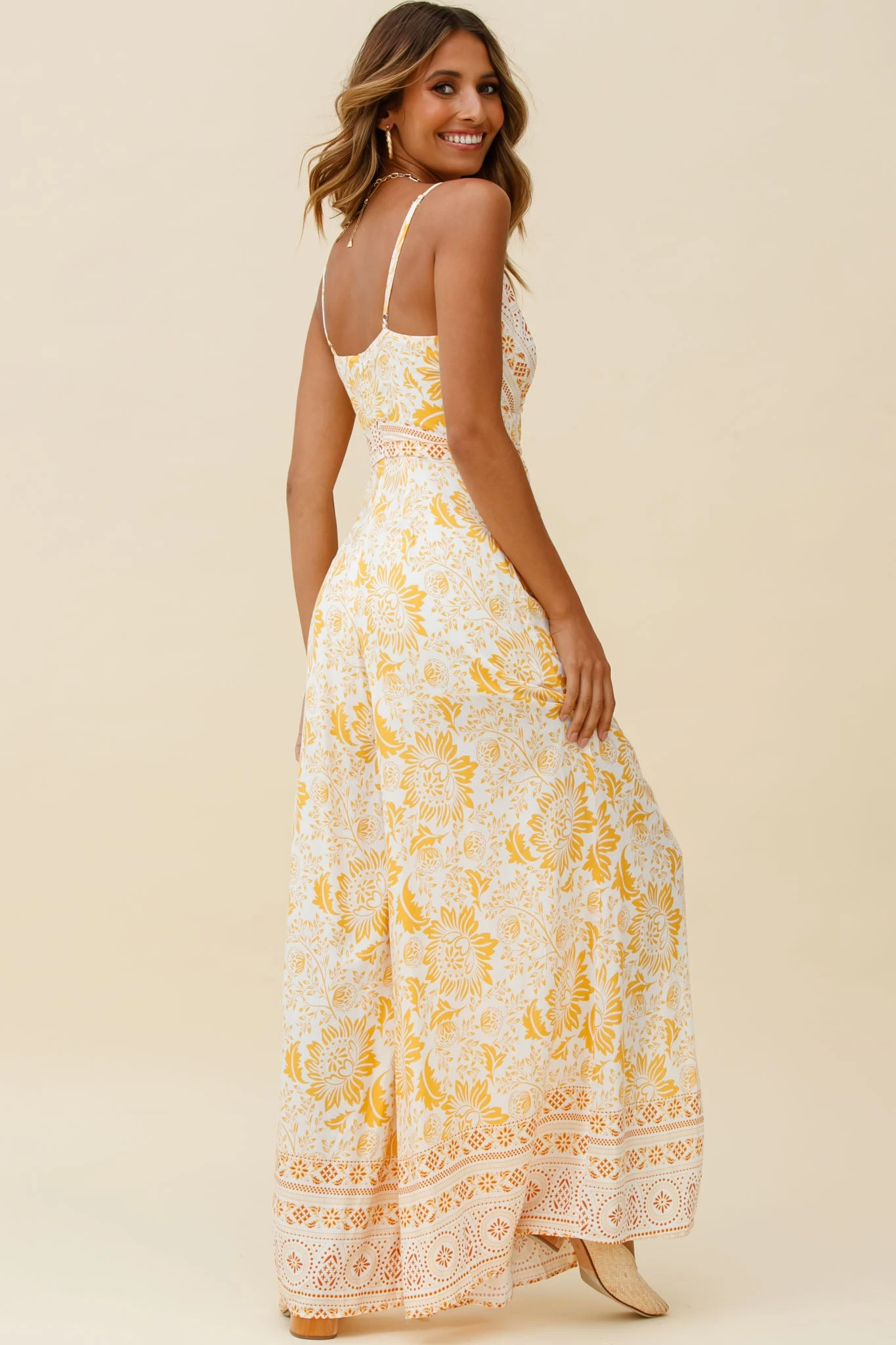 Taylor V-Neck Split Wide Leg Jumpsuit Stencil Print Yellow 3 Taylor V-Neck Split Wide Leg Jumpsuit Stencil Print Yellow - Image 3