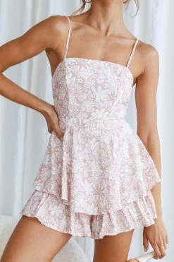 Alexandria Square Neckline Tie Back Romper Pink Floral Print -Fashion women's clothing 62371DPINK 4