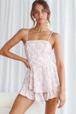 Alexandria Square Neckline Tie Back Romper Pink Floral Print -Fashion women's clothing 62371DPINK 6