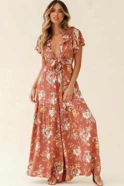 Kasey Tied Bust Wide Leg Floral Print Jumpsuit Rose -Fashion women's clothing 62408B ROSE 3