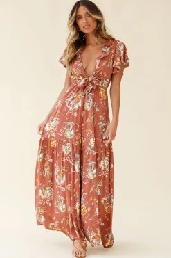 Kasey Tied Bust Wide Leg Floral Print Jumpsuit Rose -Fashion women's clothing 62408B ROSE 5