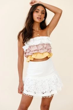 Adrielle Lace Detail Fluted Hem Mini Skirt White -Fashion women's clothing 62630D WHITE 7