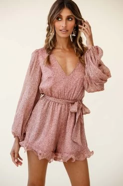 Hilda Long Sleeve Waist Tie Romper Leopard Print Blush -Fashion women's clothing 62702D BLUSH LEOPARD 4 3