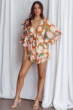 Athira Tied Bust Flared Sleeve Romper Daisy Orange -Fashion women's clothing 62764B10 20ORANGE 2
