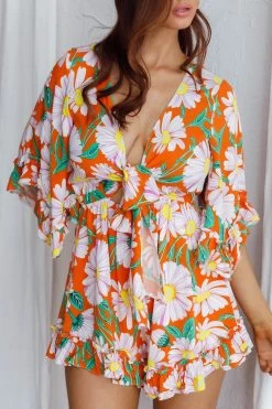 Athira Tied Bust Flared Sleeve Romper Daisy Orange -Fashion women's clothing 62764B10 20ORANGE 4