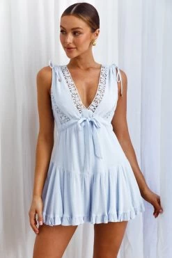 Bordeaux Drawstring Lace Trim Romper Blue -Fashion women's clothing 62921B 20BLUE 6