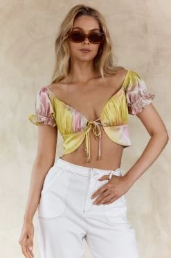 Chasing Waterfalls Double Tie Puff Sleeve Satin Crop Top Pink/Yellow 13 Chasing Waterfalls Double Tie Puff Sleeve Satin Crop Top Pink/Yellow -Fashion women's clothing 63084B 20PINK YELLOW 6