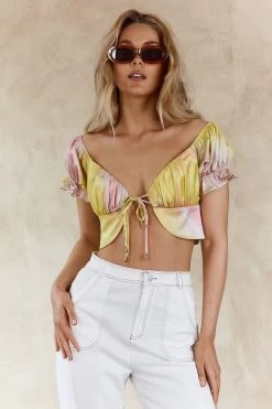 Chasing Waterfalls Double Tie Puff Sleeve Satin Crop Top Pink/Yellow 15 Chasing Waterfalls Double Tie Puff Sleeve Satin Crop Top Pink/Yellow -Fashion women's clothing 63084B 20PINK YELLOW 8