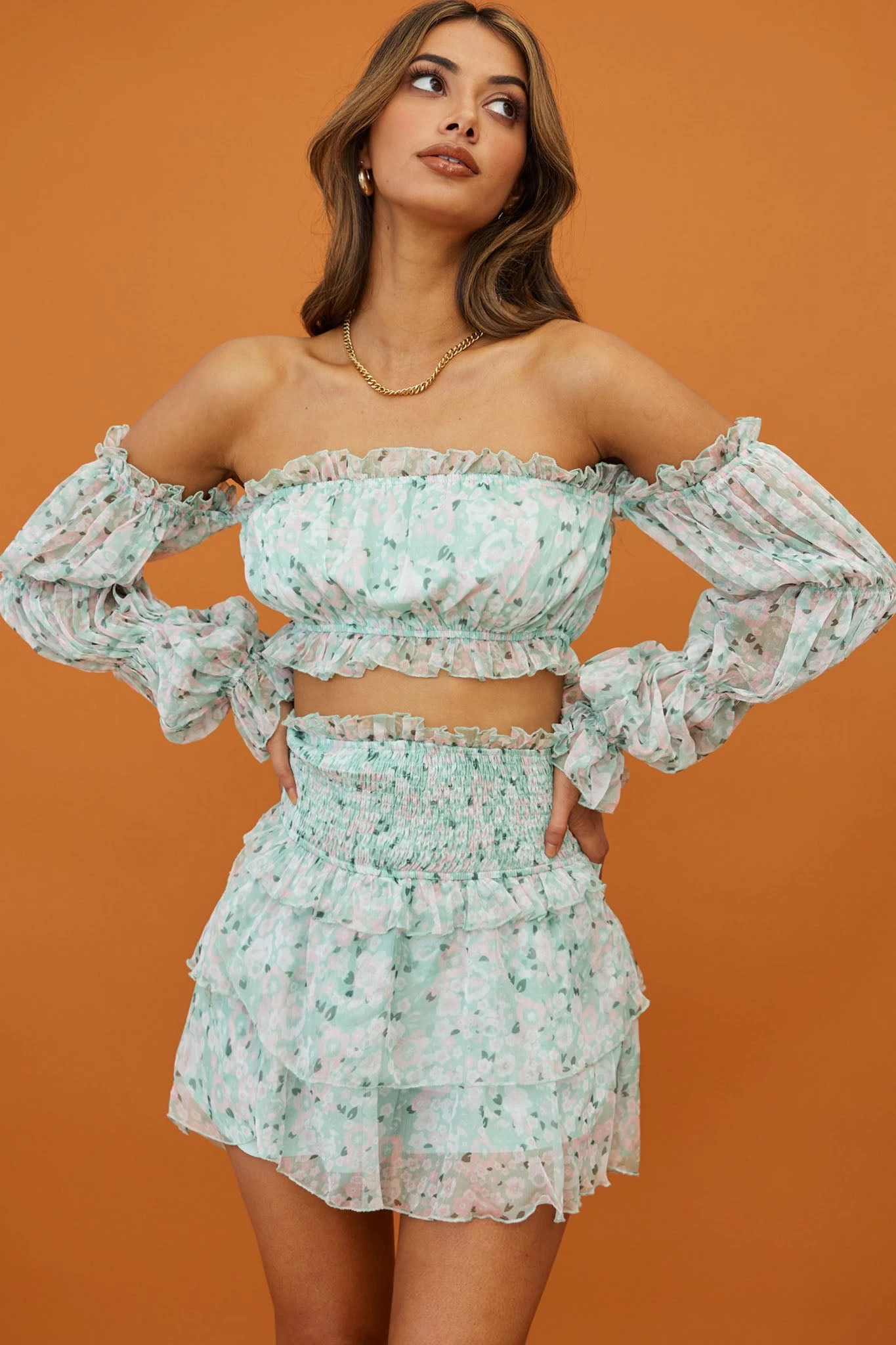 Hearts Beat Shirred Waist Layered Skirt Floral Print Mint 5 Hearts Beat Shirred Waist Layered Skirt Floral Print Mint - Image 5