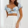 Sweet Romance Sweetheart Neckline Crop Top Floral Print Blue/Grey