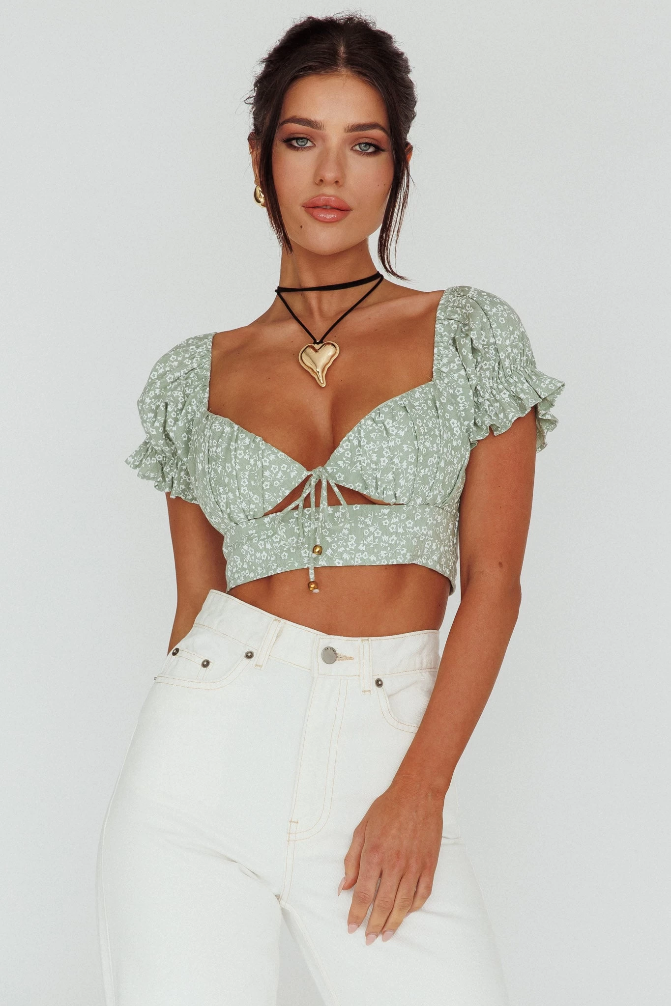 Sweet Romance Sweetheart Neckline Crop Top Floral Sage 1 Sweet Romance Sweetheart Neckline Crop Top Floral Sage